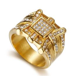 Hip Hop Men's Iced Out Big CZ Ring Full Paved Cubic Zirconia Geometry Rings Cool Gold Color Stainless Steel Jewelry Dropshipping