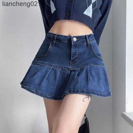 Skirts Blue Denim Skirt With Ruffles Harajuku Y2K Jeans Shorts Skirt Mini Woman High Waist Bottom Female Casual Pleated Skirt Female W0308