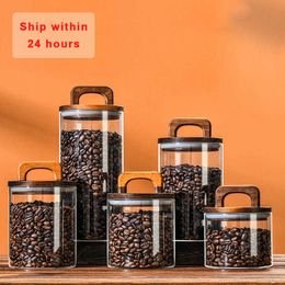 Storage Bottles Jars Wood Lid Glass Airtight Canister Food Container Tea Coffee Beans Kitchen Storage Bottles Jar Sealed Grounds Candy Jars Organiser J230301