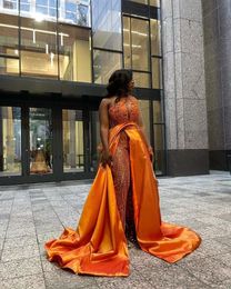 Orange Beaded Jumpsuits Prom Dresses Sequined One Shoulder Neckline Overskirt Evening Gowns Appliqued Sweep Train Special Occasion2499