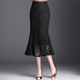 Women's Skirt Elegant Vintage Office Ladies All-match Lace Mermaid Skirts High Waist Zipper Commuter Bud Trumpet Midi Skirts