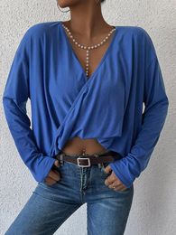 Women's Blouses Women 2023 Fall Winter V Neck Long Sleeve Solid Colour Blue Top For Ladies Irregular Loose All Match Chic