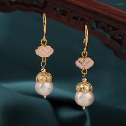 Dangle Earrings Summer Ethnic Freshwater Pearl Drop Vintage Flower Pink Cloisonne Chinese Style Jewelry For Women