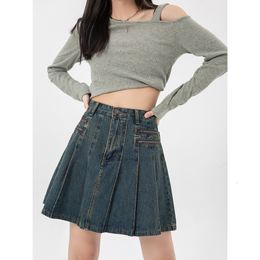 Skirts Women's Vintage Blue Denim Half Body Skirt Zipper Pleated High Waist Casual Fashion Baggy A-Line Jean Short Skirt Ladies Summer 230308