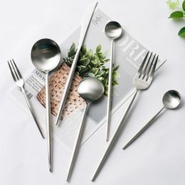 Dinnerware Sets Stainless Steel Brushed Matte Spoon Cutlery Tableware Table Plates Utensils For Kitchen Gadget Set Full Dining Bar Home