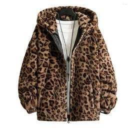 Jaquetas Masculinas Casaco Para Homens Estampa de Leopardo Manga Comprida Fecho de Zíper Inverno Espessado Dupla Face de Pelúcia Jaqueta com Capuz Outerwear