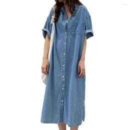 Casual Dresses Lightweight Skin-Touch Button Down Loose Denim Midi Dress Long Coat Streetwear