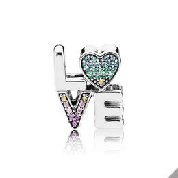 Rainbow Pave Love Charm Real Sterling Silver for Pandora Snake Chain Bracelet Bangle Making Charms Women designer Jewelry letter Beads with Original Box Set