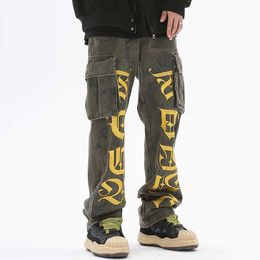 Men's Jeans Letter Embroidery Side Pockets Camouflage Jeans Cargo Pants for Men Straight Spliced Streetwear Baggy Casual Denim Trousers Z0301