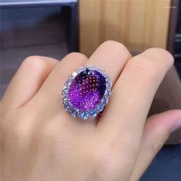 Cluster Rings Exquisite Big Size Natural Amethyst Ring Real 925 Silver Women's Good Process Simple Atmosphere 12 16mm
