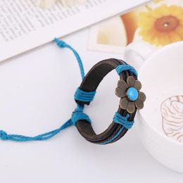 Tennis Bracelets Bohemia Women Flower Genuine Leather Blue Tone Handmade Antique Bronze