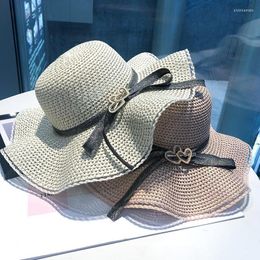 Wide Brim Hats European And American Ladies Wind Fashion Love Bow Curling Dome Big Eaves Beach Vacation Spring / Summer Shade Straw Hat Elob