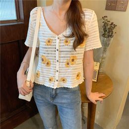 Women's Blouses & Shirts Women Summer Daisy Embroidery Short Sleeve Cardigan Hollow Out Crochet Knit Striped Crop Top V-Neck Button Down Swe