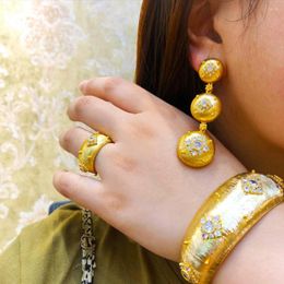 Necklace Earrings Set Dubai Luxury Style Vintage Golden Bangle Ring Jewellery For Women Bridal Wedding Superstar Party