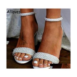 Wedding Shoes Elegant Pearls Block High Heel Ivory Women Sandals Open Toe Handmade Leather Sandal For Brides Marraige Acccessories D Dhyes