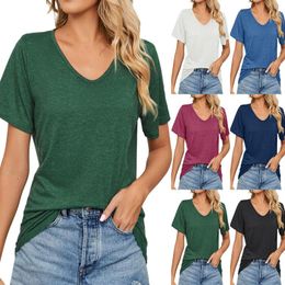 Women's T Shirts Spring And Summer Short Sleeve V Neck Shrink Pleated Solid Colour Loose Tee Shirt Top Womens Active Blank Women Fit Mom
