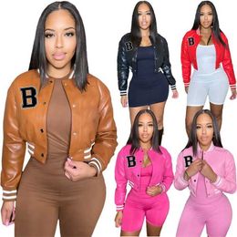 Women Clothing Fashion Jacket Tops Single Breasted Baseball Coat Ladies Color Contrast Threaded Leather Sweater