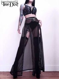 Skirts InsDoit Gothic Eyelet Bandage Black Mesh Skirt Women Summer Split Sexy See Through High Waist Skirt Streetwear Punk Long Skirts W0308