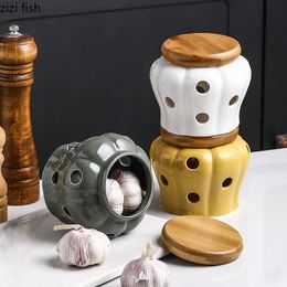 Storage Bottles Jars Ceramic Garlic Ginger Jars Wooden Lid Refined Storage Tank Candles Jars Home Kitchen Solid Colour Organiser Box Storage Container J230301