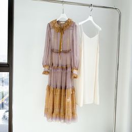 Runway Dress ruffled neck lantern sleeve silk printed dress long dress