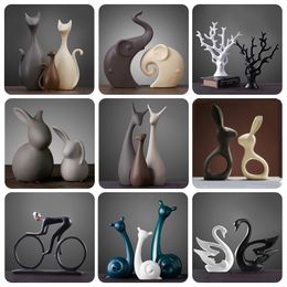 Decorative Objects Figurines Nordic Ceramic Animals Ornaments Porcelain Ins Style Decorations Home Elephant Cat Deer Rabbit Snail Miniatures 230307