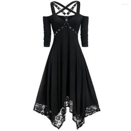 Casual Dresses Mediaeval Gothic Black Dress Women Open Shoulder Half Sleeve Lace Cosplay Costume Party Club Elegant Vestidos