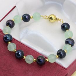 Strand Diy Clasp Bracelets For Women Girls Light Green Stone 8mm Natural Black Pearl 8-9mm Round Beads Jewellery 7.5inch B2751