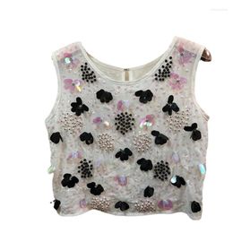 Women's T Shirts Bead Work Crop Tops Women Cute 3D Flower Tanks Sweet Embroidery Pearl