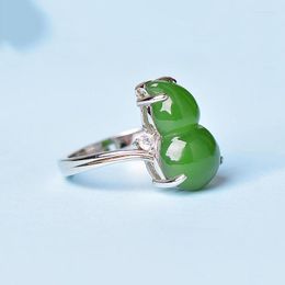 Cluster Rings Green Jade Gourd Stone 925 Silver Accessories Real Charm Jewellery Fashion Charms Natural Carved Vintage Gemstones Chinese
