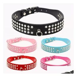 Dog Collars Leashes Personalised Length Suede Skin Jewelled Rhinestones Pet Three Rows Sparkly Crystal Diamonds Studded Puppy Colla Dhca3