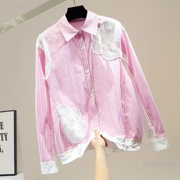 Women's Blouses Shirts Women Stripe Shirt Lapel Drawstring Single-Breasted Fashion Design Loose Casual Top Lady Lace Patch Blouse Spring 230309