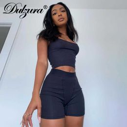 Women's Tracksuits Dulzura Ribbed Knitted Women 2 Pieces Crop Top Tanks Biker Shorts Set Patchwork Tracksuit Streetwear Sporty 2021 Summer Outfit L230309