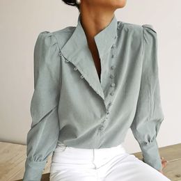 Women's Blouses Shirts Ladies Elegant Turtleneck Long Sleeve White Blouse Shirt Women Top Casual Solid Single-Breasted Puff Sleeve Women Blouses Blusas 230309