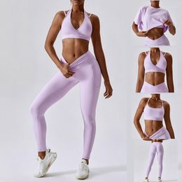 Active Sets Women Gym Yoga Set Cross Fitness Bra Top Waist Pocket Legging Short Sleeve Can Matched Suit Comprehensive Training Jog