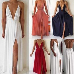 Casual Dresses Summer Maxi Dress Women Solid Color Sexy Deep V-Neck Sleeveless Spaghetti Strap Backless High Split Long Sundress Vestidos Y2302