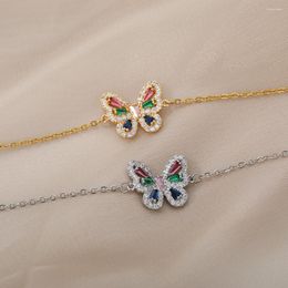 Charm Bracelets Colorful Zircon Butterfly For Women Sweet Stainless Steel Chain Bracelet Bangle Animal Boho Jewelry Gift