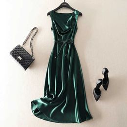 Casual Dresses Vintage Maxi Satin Women Summer Elegant Lace-up Sleeveless Evening Party Sexy Swinging Collar Loose Long Tank Y2302