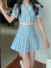 Work Dresses 2023 Summer Plaid Women's Suit With Skirt Dress Sets Fashion Sexy Short Blazer Top Pleated 2-piece Set Chic Outfits