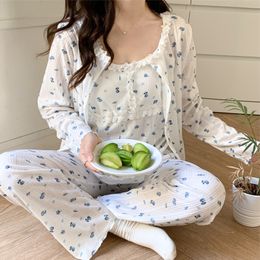 Women's Sleepwear 3 Piece Autumn Winter Warm Women Pajamas Set Floral Print Sexy Robe Top Long Female Cotton Sleepwear Suit Women with Chest Pad 230309