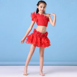 Stage Wear Performance Children Dance Flower Outfit Belly Costume Bead Rhinestones 2pcs Top And Skirt