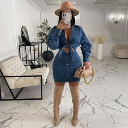 Work Dresses Two Piece Set Women Denim Tracksuits Lapel Deep V Knotbow Long Sleeve Crop Top Button Bodycon Mini Skirt Outfits 2023 Fall