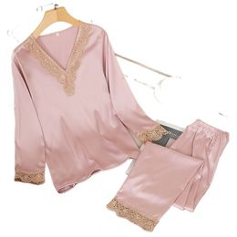 Women's Sleepwear 4611c-4 Womens Silk Satin Pyjamas Pyjama set Sleepwear Pyjamas Suit Female Sleep Two Piece Set Loungewear Home Wear49b1-1 230309