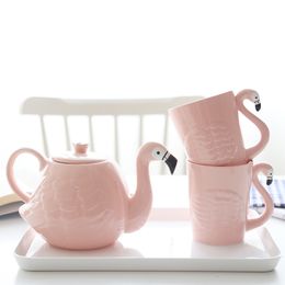 Bar Tools Ins Pink Flamingo Girl Ceramic Water Cup Teapot Set with handle Home Mark cup Teaware Drinking 230308