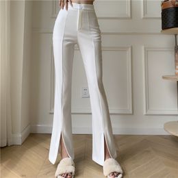 Women's Pants Capris QOERLIN Micro-Flared Pants Women's High Waist Slim Casual Chic Wide Leg Split Trousers Elegant Black White Suits Pants 230309