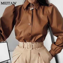 Women's Blouses Shirts Vintage Faux Leather Women Blouse Tops Matte PU Long Puff Sleeves Casual Shirts Spring Autumn Solid Tops 230309