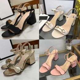2023 Designers Women High Heel Sandals Slippers Leather Ladies Party Wedding Dress Shoes Metal Belt Buckle Thick Heel Woman Shoes 34-42 With Box NO021