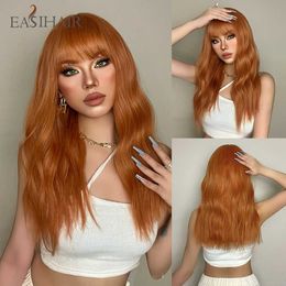 Synthetic Wigs Easihair Orange Synthetic Hair Wigs with Bangs Long Natural Water Wave Heat Resistant for Women Daily Party Cosplay Use 230227