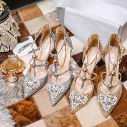 Dress Shoes Gold Wedding Women Sequin Crystal Pointed High Heeled Sandals Buckle Thin Heel Silver T-strap Women's Pumps Sandalias