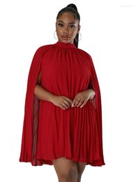 Ethnic Clothing Pleated African Dresses For Women Stand Collar Cloak Sleeve Africa Fashion Solid Elegant Party Short Dress