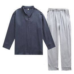Mäns sömnkläder Autumn and Winter Men's Soft Solid Color Pyjamas Set 100% GASE COMON COMON TOPPANTS 2st Sleepwear Loose Full SleevePants Homewear 230308